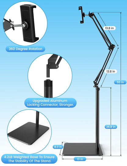 Tablet Floor Stand with 4.2LB Base,Overhead Bed Phone Stand Angle Height Adjustable Tablet Holder Bed,Phone Stand for iPad/iPhoneX/iPad Pro Air Mini, Samsung Tab,E-Readers…