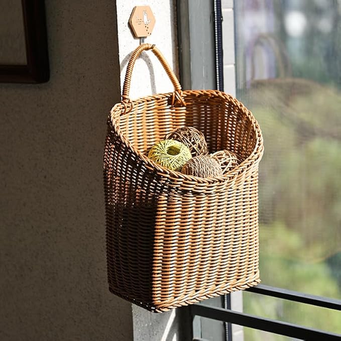 Woven Hanging Wicker Basket for Door, Handmade Rattan Hanging Wall Baskets for