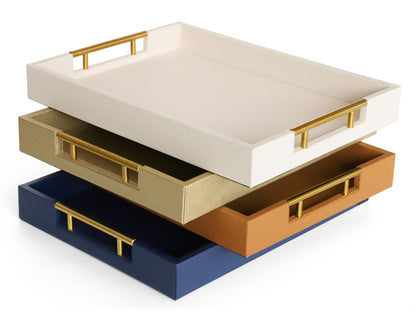 HofferRuffer Faux Leather Serving Tray with Gold Metal Handles, Stylish Decorative Tray Organizer for Coffee Table, Ottoman, Home Decor and Serving (CreamWhite, 16.2" x 12.2" x 2")