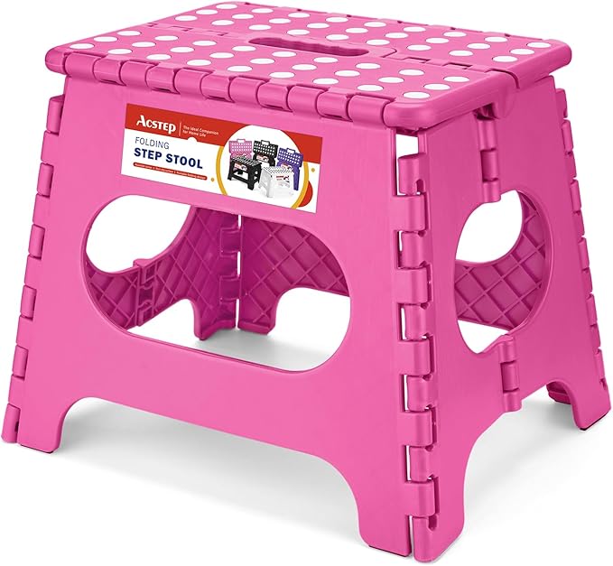 ACSTEP Folding Step Stool 11 Inch, Sturdy Plastic Foldable Step Stool for Kids & Adults, Non Slip Lightweight Collapsible Foot Stools Holds 300 lbs, Ideal for Kitchen, Bathroom, Bedroom, Rose red
