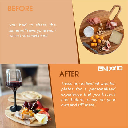 ENIXXIO 4 PCS Wine Appetizer Plates for Wine & Cheese Parties – Individual Mini Charcuterie Boards with Wine Glass Topper Appetizer Plates, Cheese Board with Wine Holder and 100 Bamboo Picks