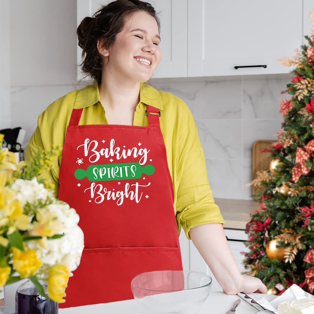 Funny Christmas Baking Aprons for Women Men, Holiday Baking Gifts for Bakers, Red Xmas Kitchen Cooking Aprons with 2 Pockets, Cute Thanksgiving Christmas Apron Gift for Bakers - Baking Spirits Bright