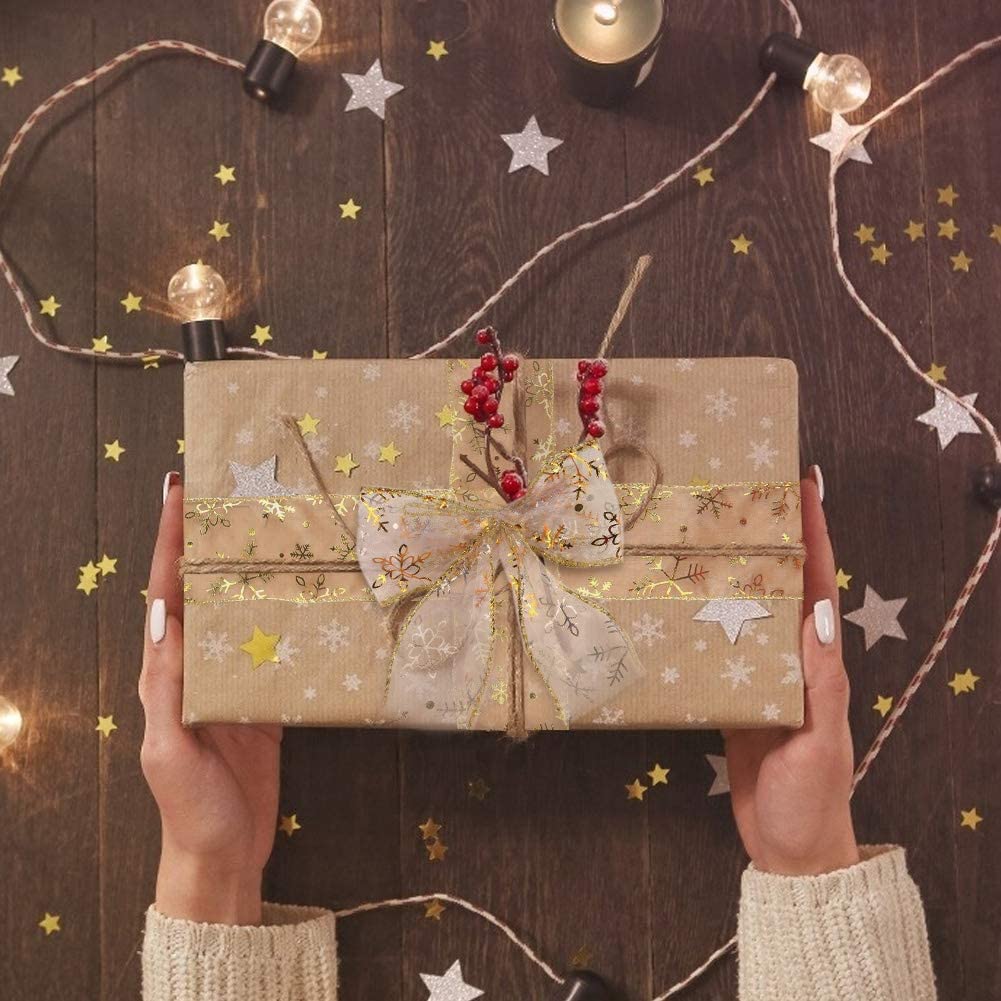 VGOODALL Gold Snowflake Ribbon,2.4 Inch 10 Yards Glitter Gold and Silver Christmas Wired Ribbon for Christmas Garland Gift Wrapping Tree Decoration Home Decor Bow Making