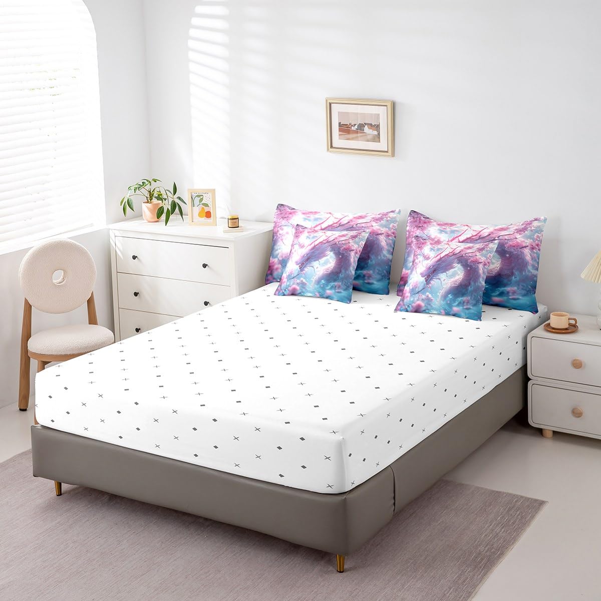 Erosebridal Dreamy Dragon Bed in A Bag Cherry Blossom Twin Comforter Set 7 Piece for Kids Boys Girls,Magical Animal Dragon Bedding Set Pink Cherry Blossom Aesthetic Animal Bed Set