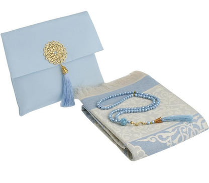 Prien Muslim Prayer Rug with Tasbih and Portable Bag, Muslim Gift for Women Men, Mubarak Islamic Box, Soft Mat Islam Gifts Set, Turkish Sajadah for Ramadan, Eid, Hajj, Travel, Pray (Blue)