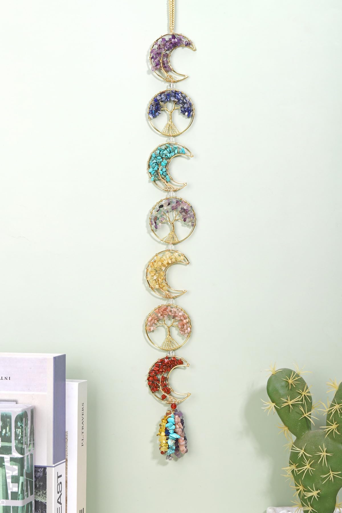 Top Plaza Life Tree Chakra Stones Decor Raw Healing Crystals Gemstones 7 Chakra Hanging Ornament Boho Moon Wall Decoration for Good Luck Yoga Meditation Feng Shui Decor