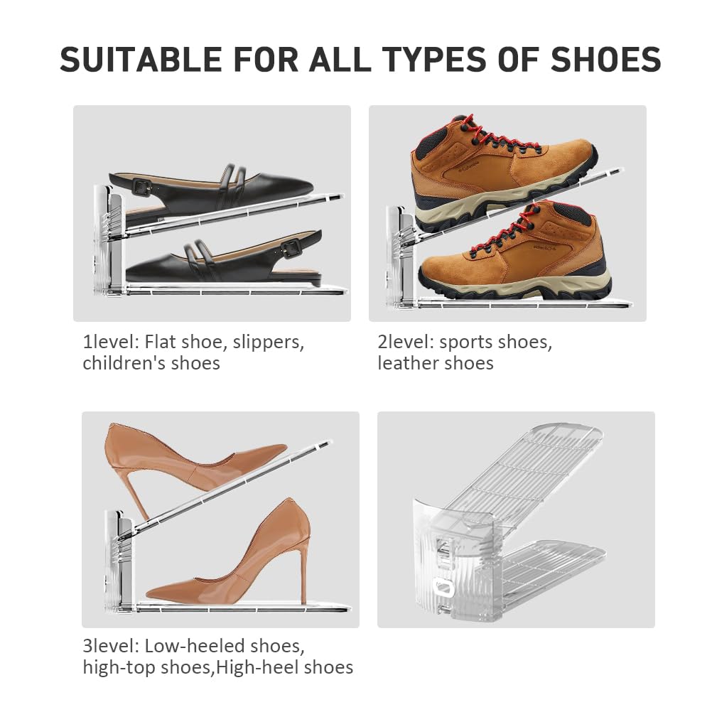 12 Pack Clear Shoe Slots Organizer - Adjustable Height 3.7''to 7.7'' Shoe stackers for a pair of shoes ,Shoe rack storage shoe space saver 50%,Easy to assemble shoe hold shoe organizer for cloest