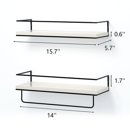Shario White Floating Shelves - Set of 2, Wall Mounted Hanging Shelves with Black Towel Rack, Decorative Storage Shelves for Bathroom, Kitchen, Living Room & Bedroom (Modern White, 15.7 Inches)