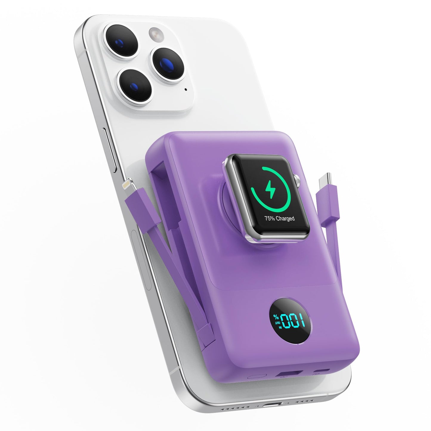 Magnetic Portable Charger 10800mAh for iPhone with Built-in Cables, 6-in-1 Wireless Power Bank with iWatch Charger, LCD Display 25W PD Fast Charging Battery Pack for iPhone 16/15/14/13/12, Apple Watch