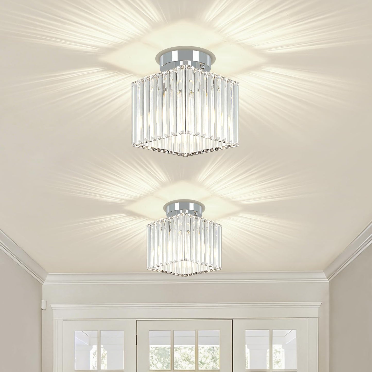 GZBEINI 2-Pack Modern Crystal Semi Flush Mount Ceiling Light, Mini Square Chrome Hallway Light Fixtures Close to Ceiling Lights for Entryway Bathroom Bedroom Kitchen Dining Room Laundry, 7.24Inch