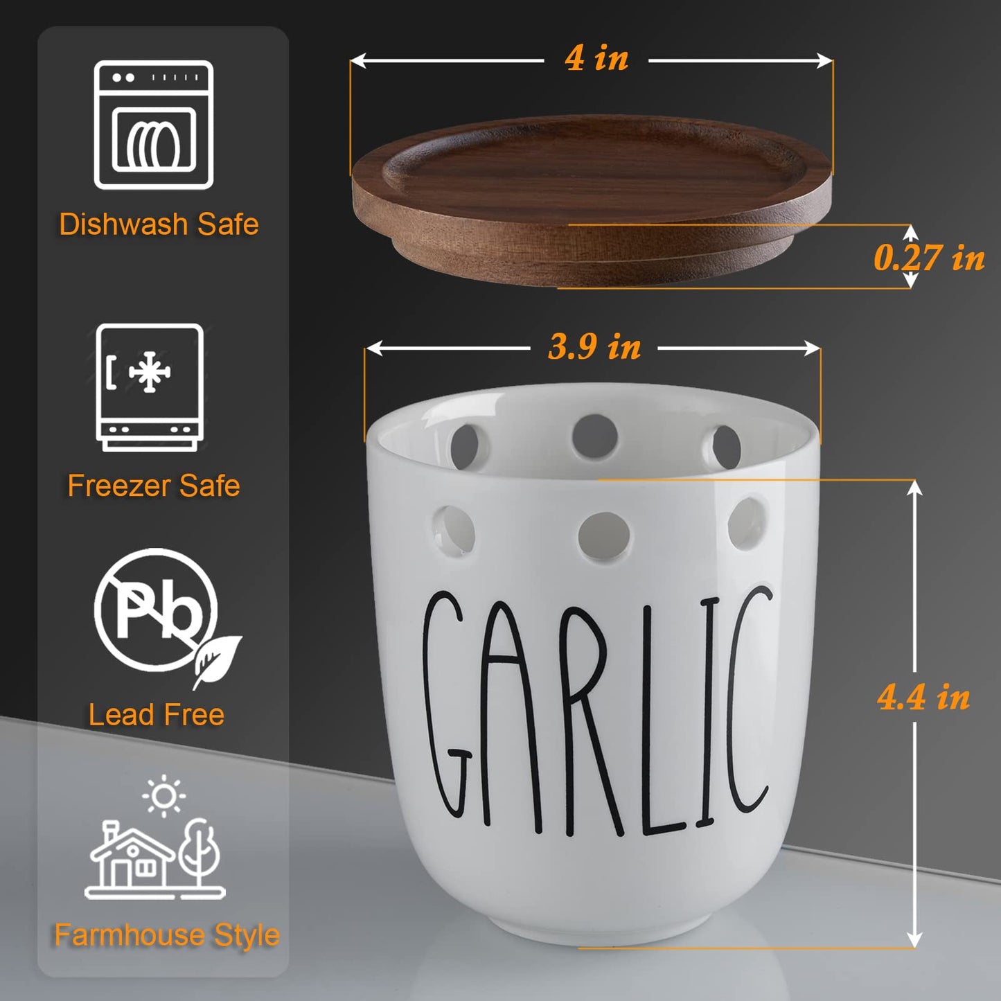 DAYYET Garlic Keeper for Counter, Ceramic Garlic Keeper with Non-Sealed Acacia Wood Lid, Garlic Holder Storage Container to Keep Your Garlic Cloves Fresh Longer, Garlic Saver for Kitchen, White