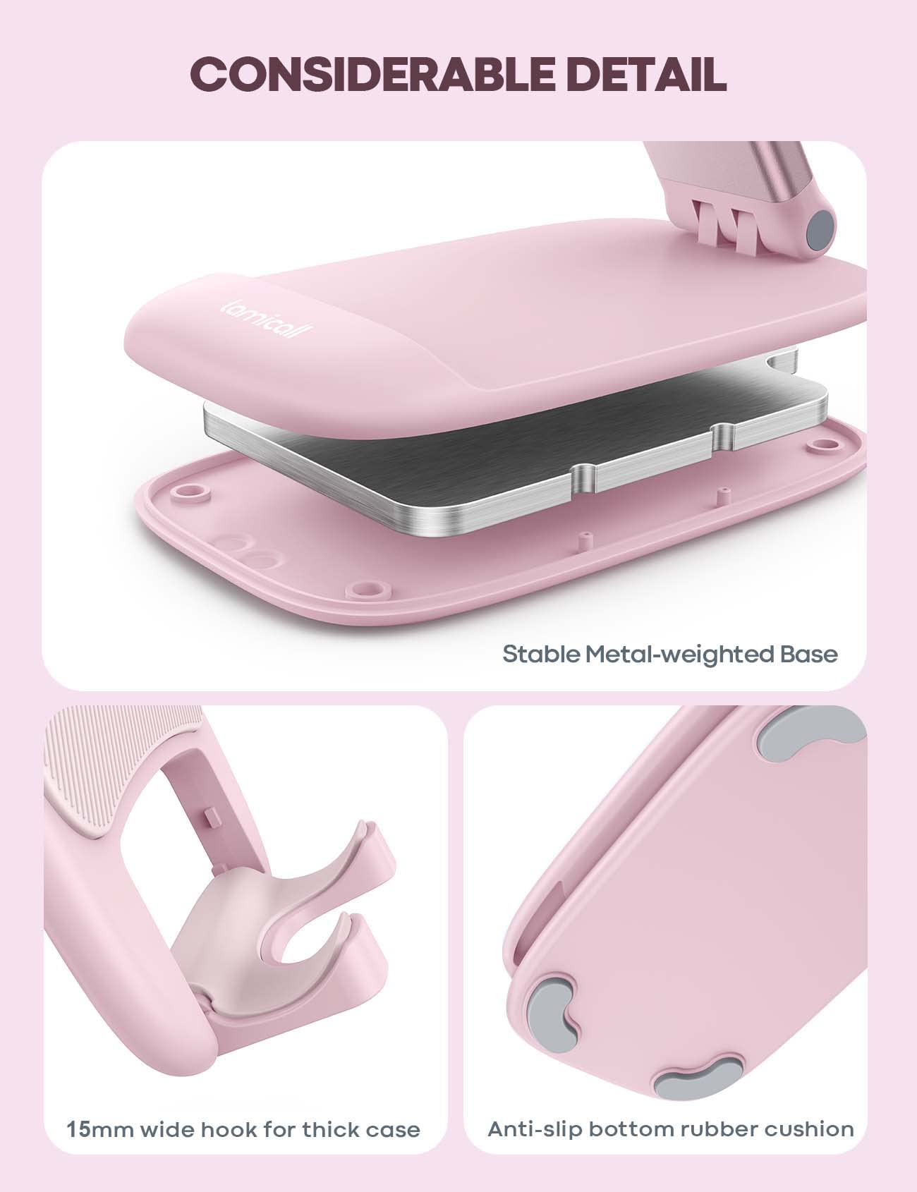 Lamicall Pink Phone Holder, Desk Accessories - Rose Gold Pink Office Cell Phone Holder, Desktop, Office Desks Accessories, Desk iPhone Decor Gifts for Women, for Mothers Day, 4-8'' Phone