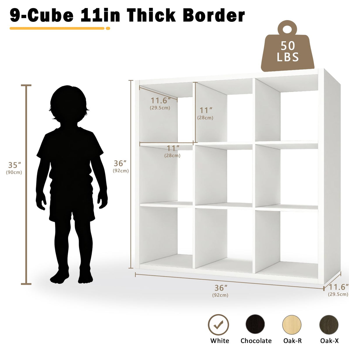 Endearing Limons【2026 Wooden Thick Border 9 Cube Shelf Storage Organizer with Anti-Tipping Kits + Reversible Open Back Bookcase (11 x 11 Unit Cell White)