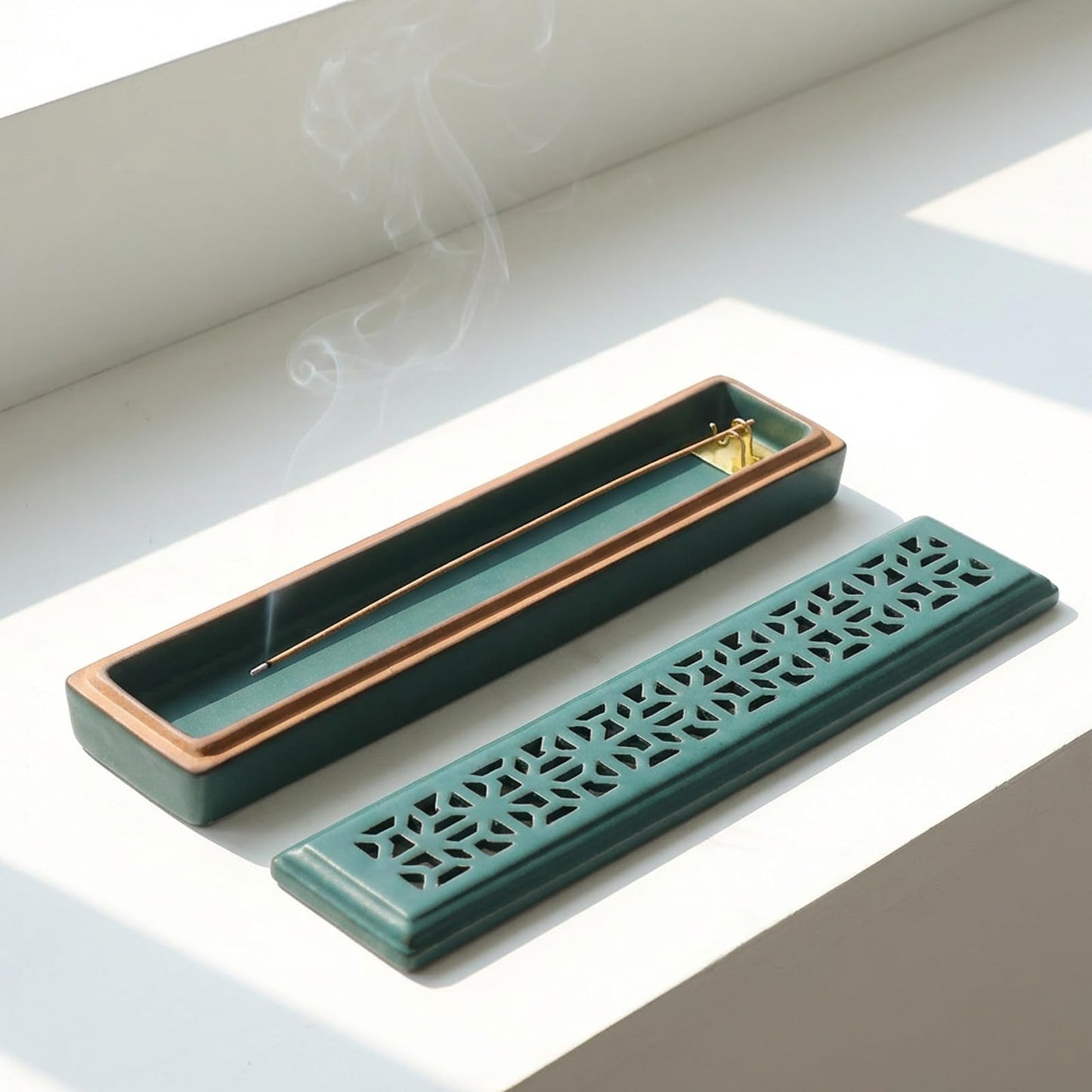 CEREMONY Incense Holder for Sticks, Ceramic Insence-Stick Holder Ash Catcher, Incense Holder Timkburner for Meditation Yoga Spa Room Incense Holder (Lever Green)