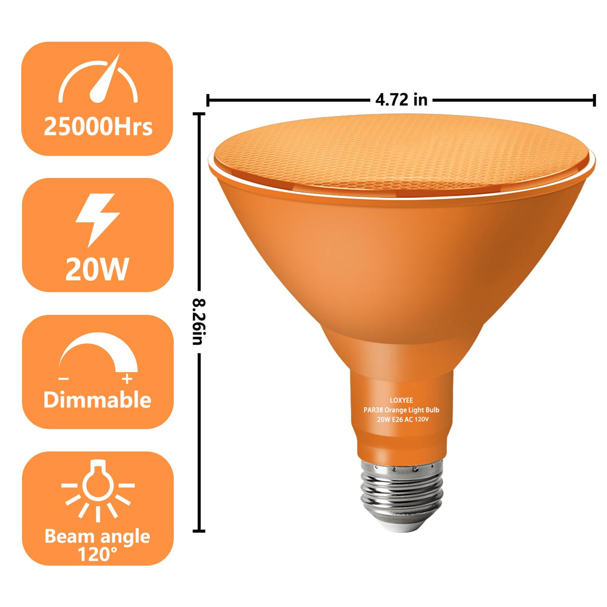 LOXYEE PAR38 Flood Orange Light Bulbs,4 Pack Dimmable,E26 Base Orange Flood Light Outoor(20W Replace to 200W),Halloween Light Bulb for Outside,Christmas,Holiday Lighting