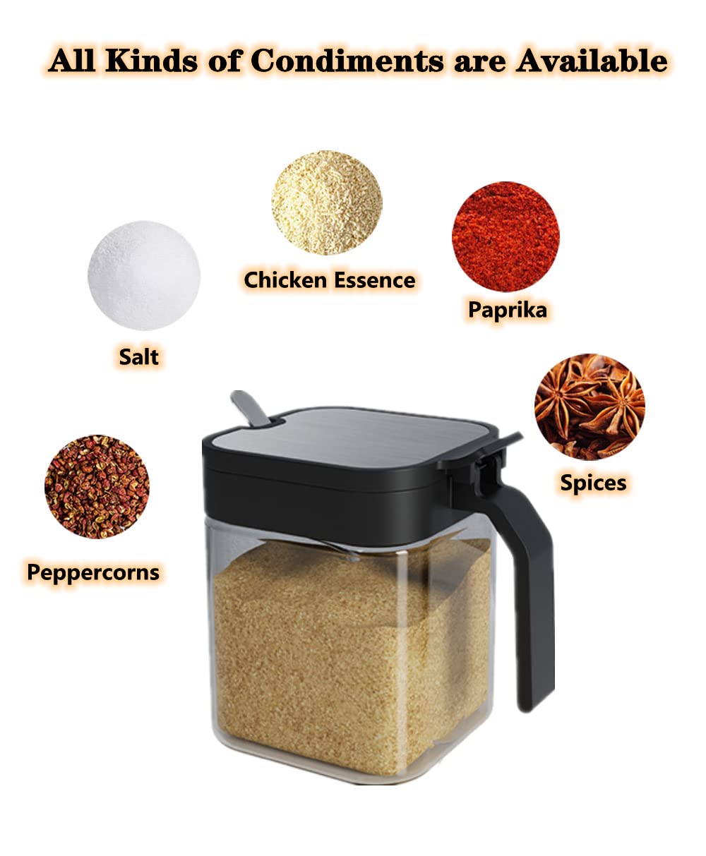Glass Condiment Spice Jars,5.6Oz/255 ml Condiment Jar Spice Container with Lids and Spoons and Tray,Clear Glass Condiment Canisters Pots for Salt Pepper,Seasoning Box 3 Set for Kitchen Counter