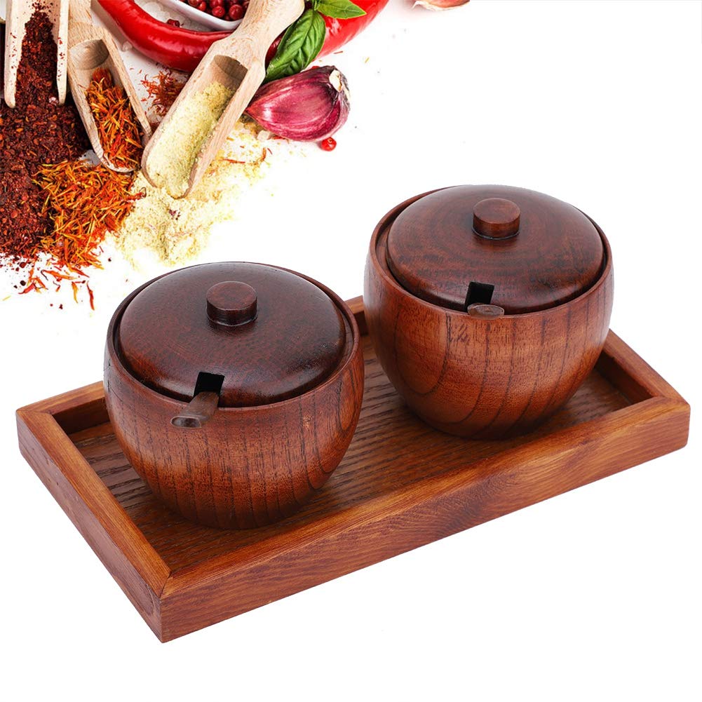 Cyrank Set of 4 Spice Jars, Wooden Condiment Jars Set with Lid and Spoon Wood Seasoning Box Sugar Salt Container Set Condiment Pots for Salt, Sugar and Pepper