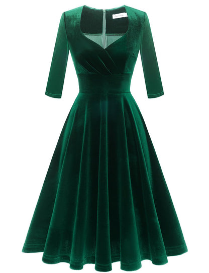 Bbonlinedress Women Long Sleeve Velvet Formal Vintage Cocktail Party Winter Christmas Wedding Guest Dress V-Dark Green XL