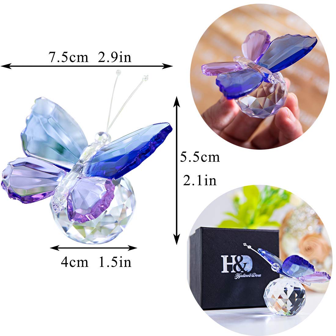 H&D HYALINE & DORA Crystal Butterfly Figurine Collectible Paperweight Home Table Decoration Set