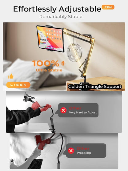 LISEN Tablet Stand Phone Holder iPad Holder for Desk Mount[Ultra Sturdy] 2 Clamps Kindle Holder for Bed Gooseneck Phone Tablet Holder Mount Phone Stand fits iPhone iPad Mini 7 Kindle 4-13" Device