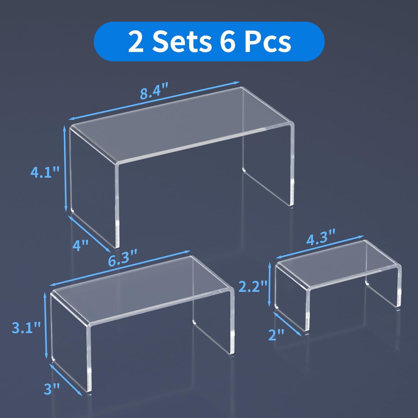 NIUBEE Acrylic Display Risers Stand 2 Sets,3 Steps Clear Riser Shelf Showcase for Amiibo Funko POP Figures -8.4"x6.3"x4.3"