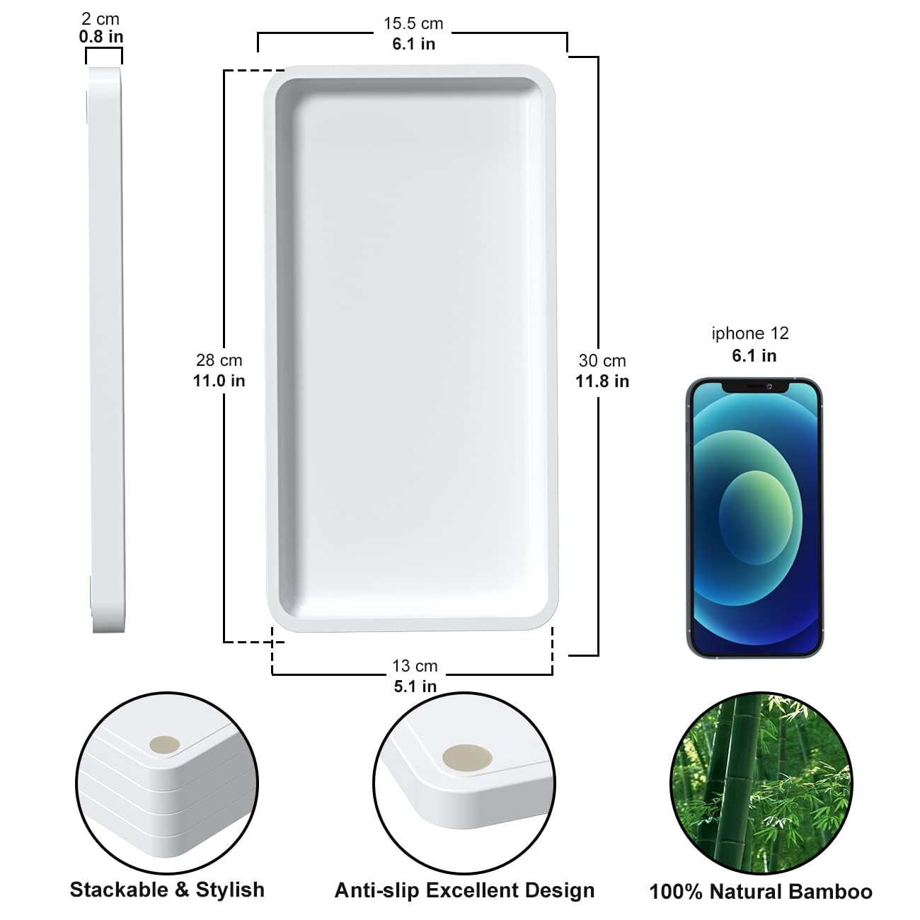 Weenson Bathroom Vanity Trays for Countertop Toiletries Decor Candle Perfume Makeup, Kitchen Tray for Soap Dispenser Spice Salt Oil, White Tray for Toilet Tank Coffee Nightstand Set of 2