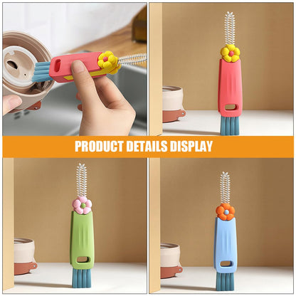 Lurrose Multi-Function Groove Brush Lid Cleaner Set with Hanging Handle, Small Flower Design, Bottle and Cup Crevice Cleaning Brush for Daily Household Use, 3pcs Kit