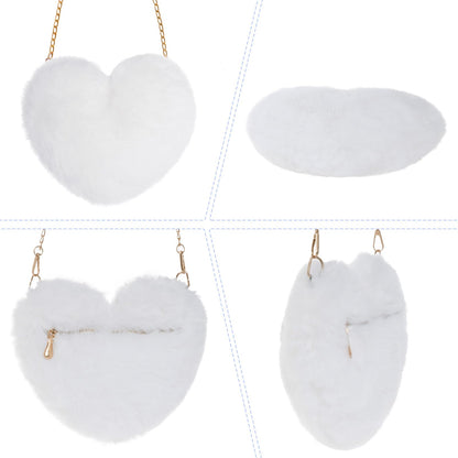 Miayon Heart Shaped Faux Fur Purse Fluffy Crossbody Shoulder Bag Cute Clutch Purses for Women Girls Halloween Christmas Valentine (White)
