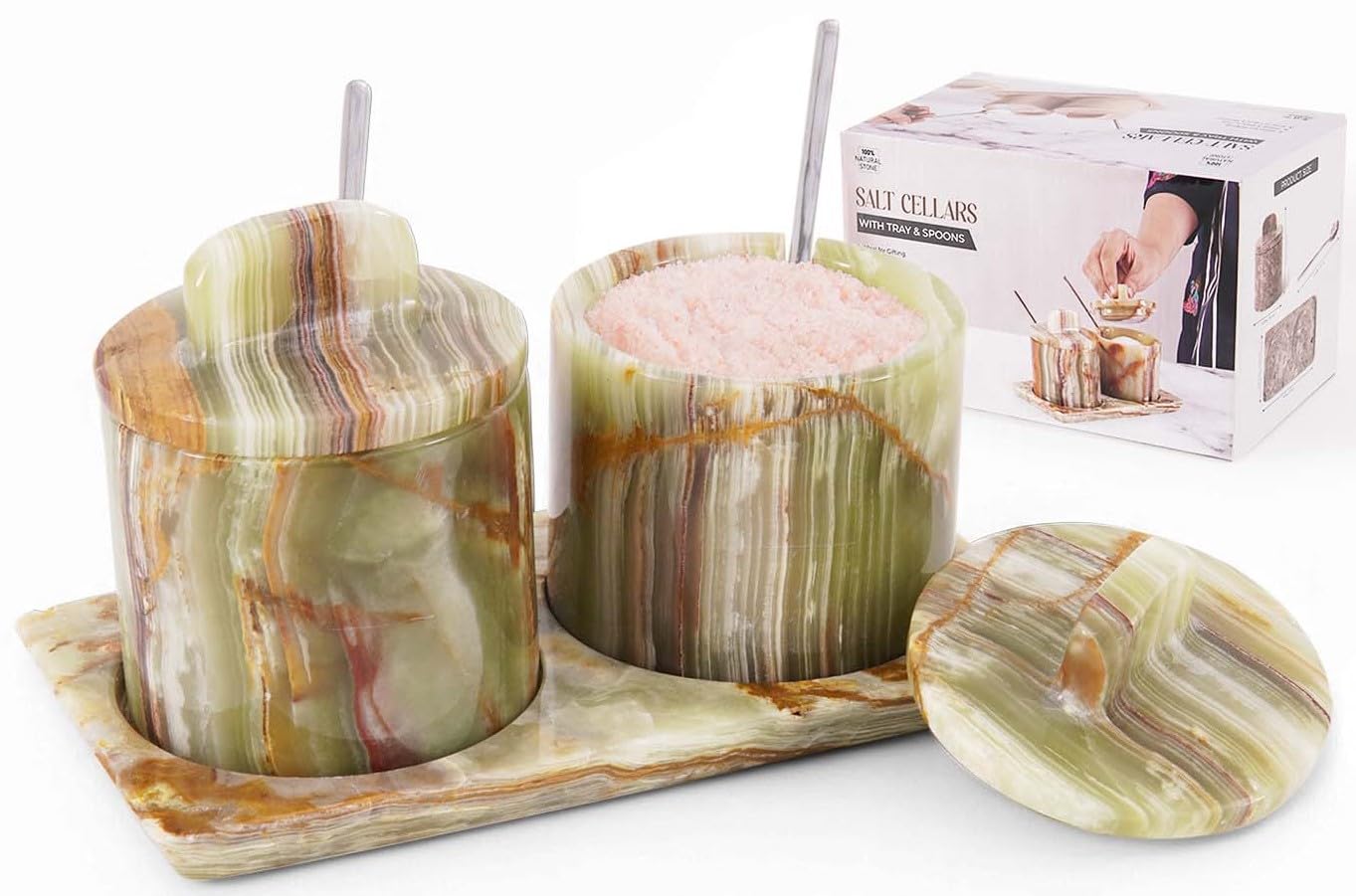 SPESHSTONES Marble Salt Cellar Green 4 Inch Salt Jar with Lid, Table Salt Containers for Countertop, Salt Dish, Salt Holder, Spice Jars, Sugar Bowl, Seasoning Container Set of 2, Salt Dispenser