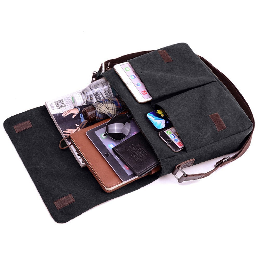 Laptop Bag 14 inch Mens Vintage Casual Fashion Canvas Messenger Bags Briefcase Crossbody Single Shoulder Bag ipad Bag Book Bag Satchel School Bag (Black)