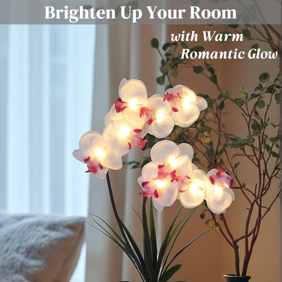 HOMESEASONS Orchid Lamp-LED Lighted Orchid Arrangements,Pre Lit Artificial Orchid,Light Up Flower Lights, Faux Orchid Phalaenopsis Arrangement (White)