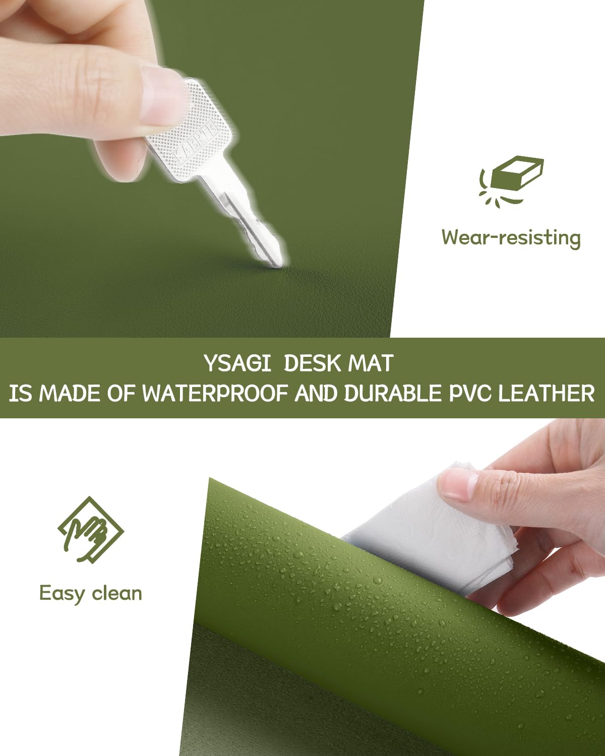 YSAGi Non-Slip Desk Pad, Waterproof PVC Leather Desk Table Protector, Ultra Thin Large Mouse Pad, Easy Clean Laptop Desk Writing Mat for Office Work/Home/Decor (60 x 35 cm, Grass Green)