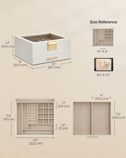 SONGMICS Jewelry Box Organizer with Glass Lid, 2-Layer Jewelry Storage, with 1 Drawer, Modern Style, 8 x 9.1 x 4.1 Inches, Cloud White and Gold Color UJBC174W01