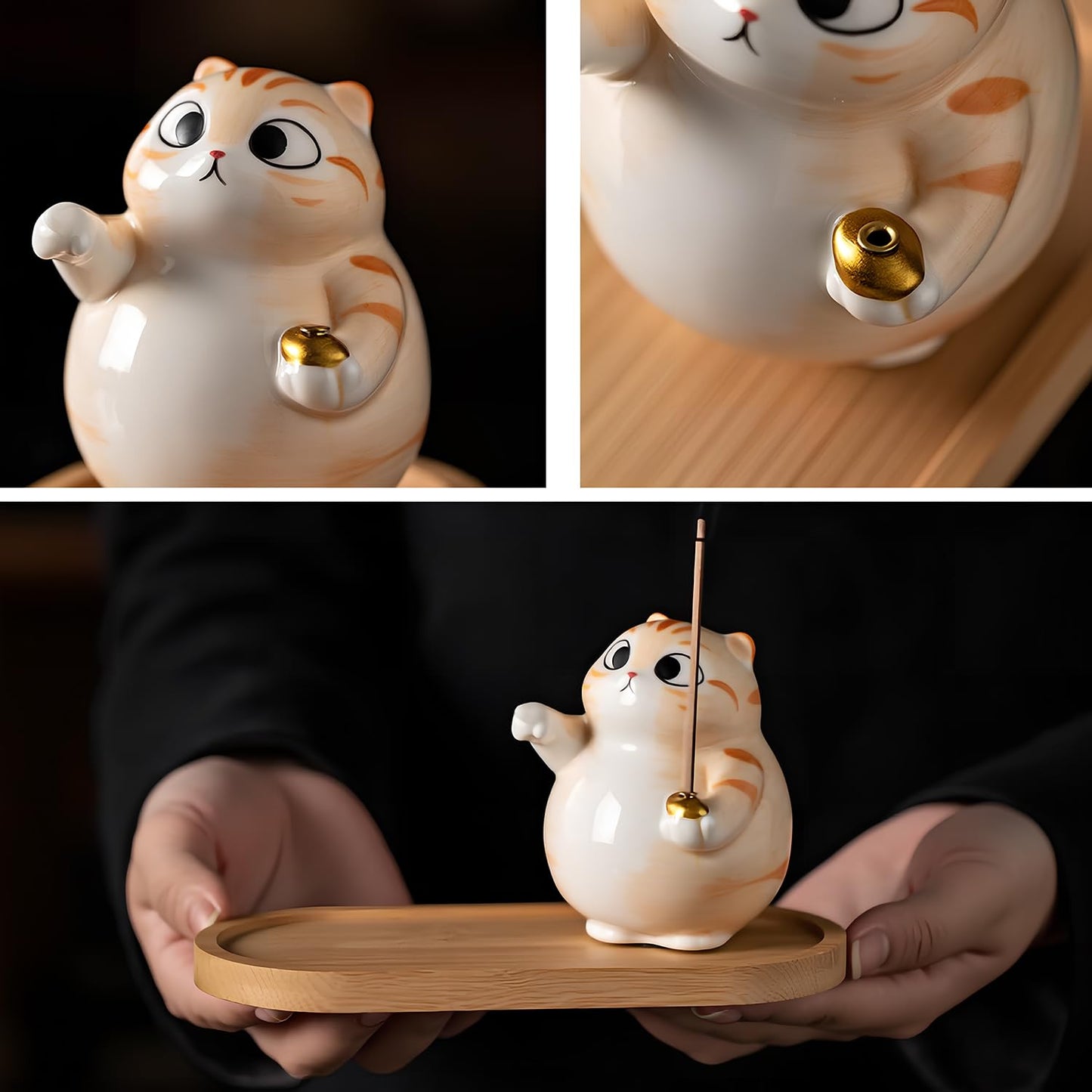 ZKSYLSM Cat Incense Holder - Cute Ceramic Incense Burner with Bamboo Ash Catcher Tray, Orange Tabby Cat Meditation Decor for Home Office, Zen Desk Accessories (3.4" L x 2.8" W x 3.5" H)