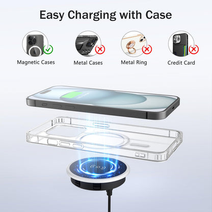 Wireless Magnetic Charger Desk Mount 15W Fast Charger for iPhone 17 16 Pro Max 15 14 13 12 Series,Magnet Qi Charging Pad/Station for AirPods,Recessed Hidden Under Desktop Hole Save Nightstand Space