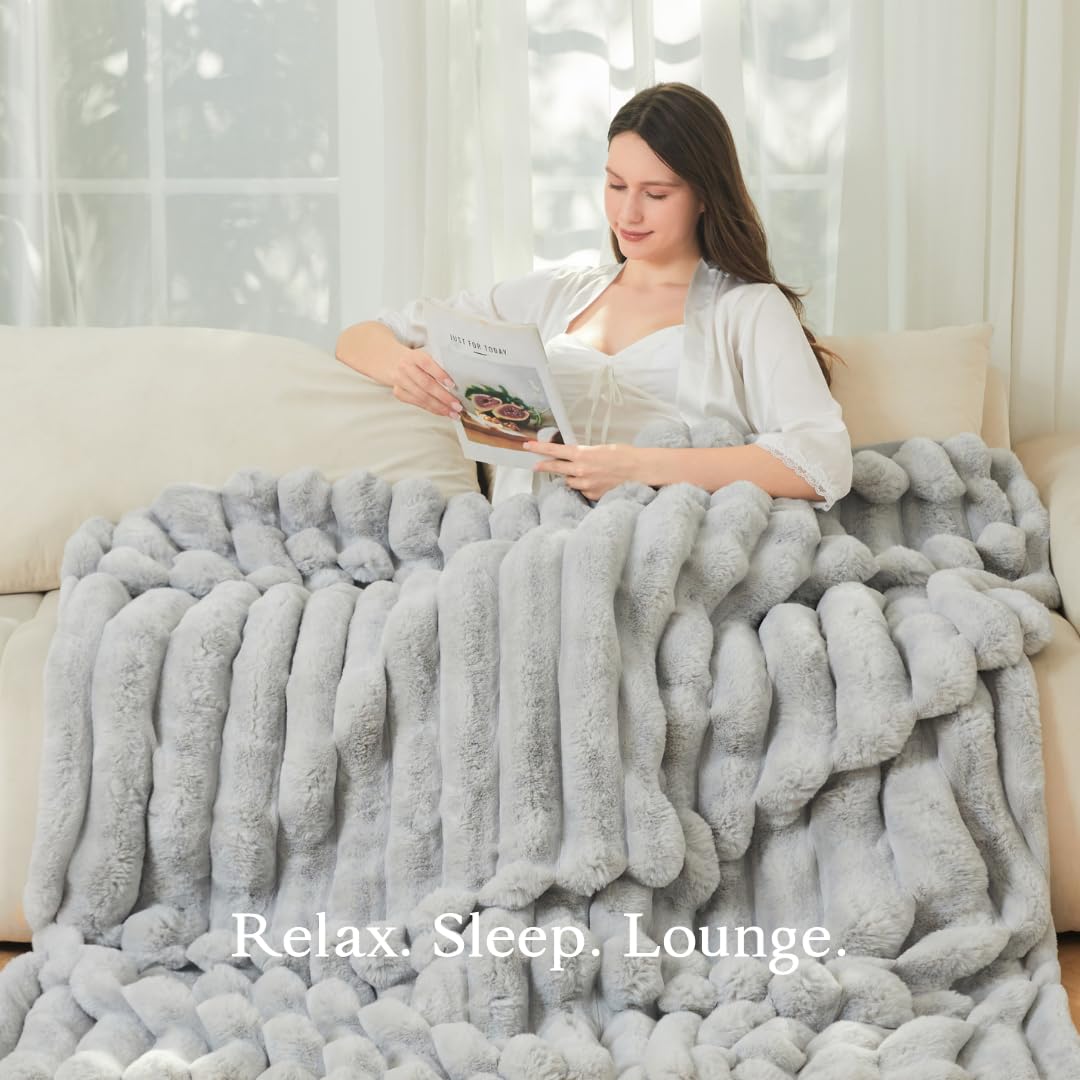 The Nantucket Blanket - LuxeComfort Faux Fur Striped Blanket 60"x70" Pebble Grey - Luxuriously Soft Cozy Warm Gift for Women, Plush Silky Fuzzy Heavyweight Reversible Design Home Decor