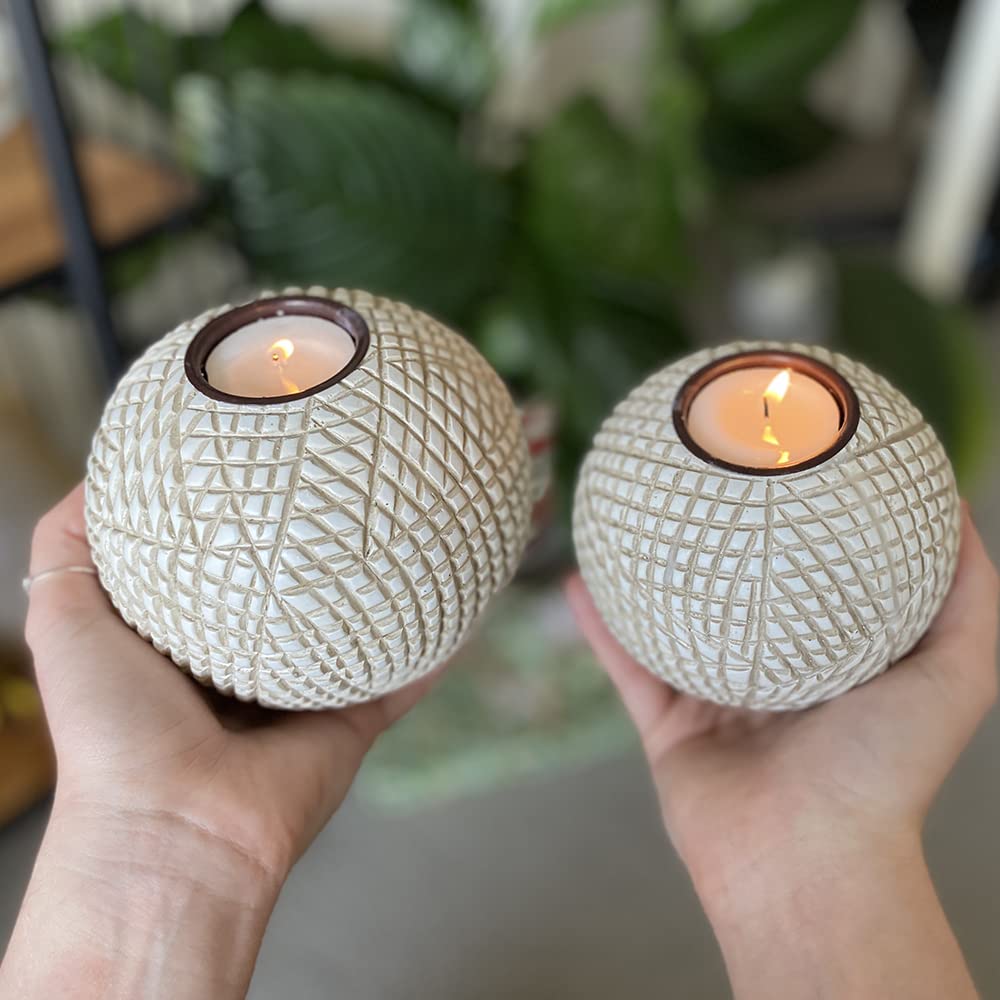 Luca Orb Tea Light Candle Holders (Gift Boxed Set of 2), Coffee Table, Console, Entryway or Fireplace Mantel Decor, Centerpiece for Dining or Living Room (Grid Pattern, Beige and White)