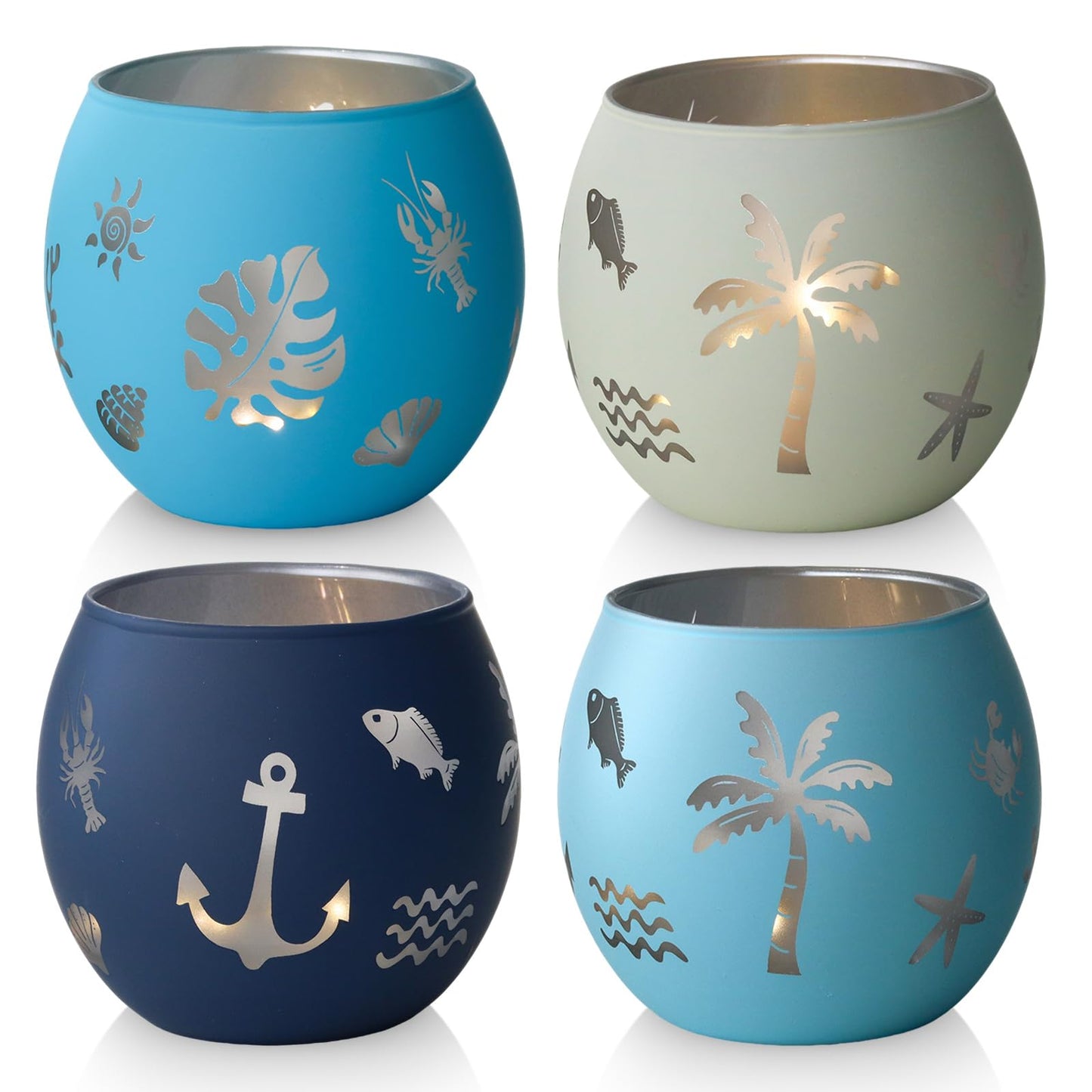 Coastal Ocean Glass Votive Candle Holders Set of 4, Laser Etched Nautical Tealight Holders with Anchor, Palm Tree & Sea Life Patterns, Summer Blue Glass Centerpiece for Home Spa Party Gift