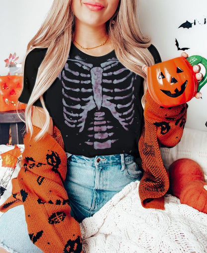 Skeleton Shirts Women Halloween Vintage Skeleton Graphic T Shirts Tops Casual Horror Shirts D Black