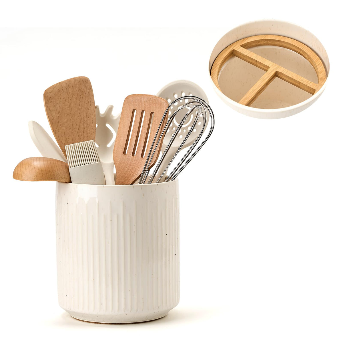 JIEMEI HOME Kitchen Utensil Holder, 7.2" Large Ceramic Stable Utensil Crock for Countertop, Utensil Organizer with Cork Mat, Removable Bamboo Divider for Easy, Kitchen Decor, Aged Ivory Speckle