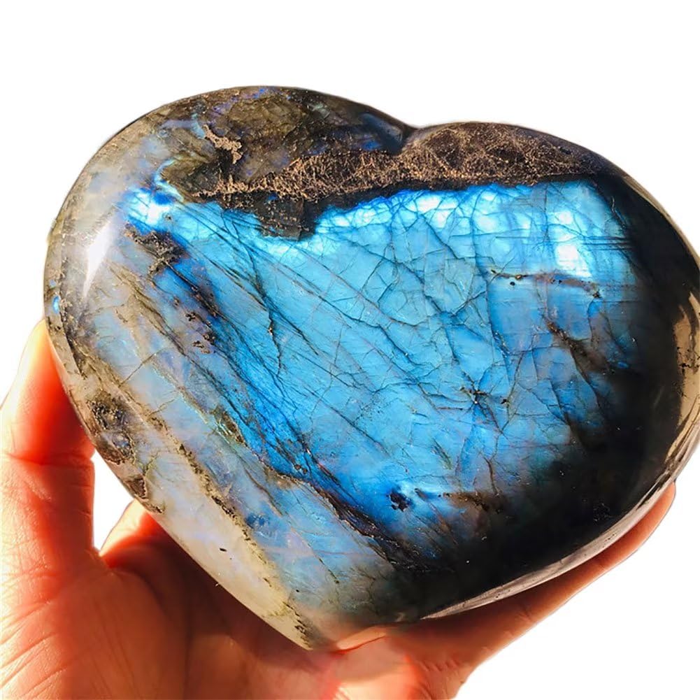 Large Heart Crystal Stones Healing Crystal Palm Polished Love Shaped Gemstones Blue Labradorite Heart Rock Meditation Gift 1.7-2.2Pounds