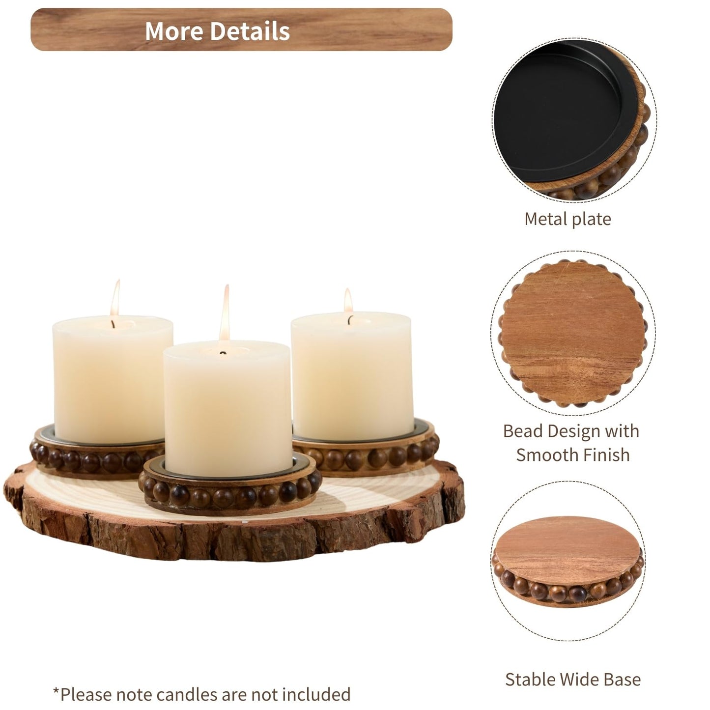 THORNIA Wooden Candle Holders for Pillar Candles, Set of 3 Acacia Wood Beaded Plate with Metal Cup Inserts, 4 Inch Rustic Farmhouse Tray Stand for Fireplace Mantel, Table Centerpiece Decor