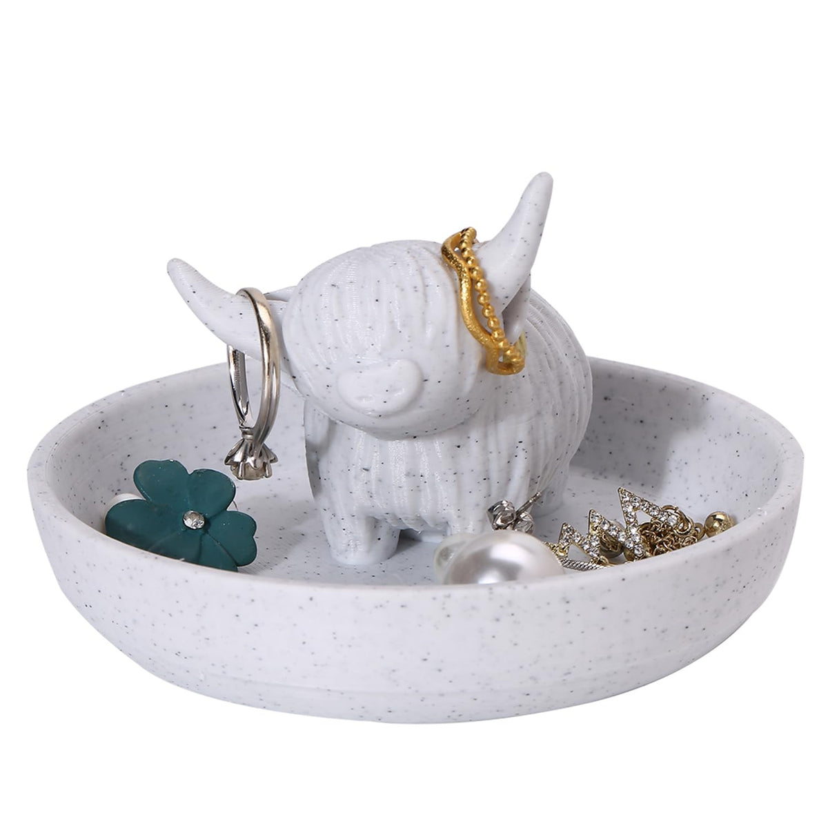 Awsaccy Highland Cow Ring Holder with Circular Dish, 3D Printed Plastic Farmhouse & Bohemian Style Cute Unique Women Gifts Stuff Ring Jewelry Plate Organizer for Bathroom Office Home Room Desk Decor