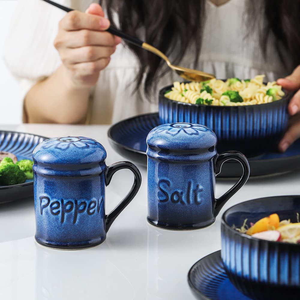 Nihow Ceramic Cute Salt and Pepper Shakers Set: 2.6 Inch Salt and Pepper Set/Sugar Salt Shaker with Handle for Counter -Resist Rusting Seasoning Shaker -Elegant Black & Blue (Set of 2)