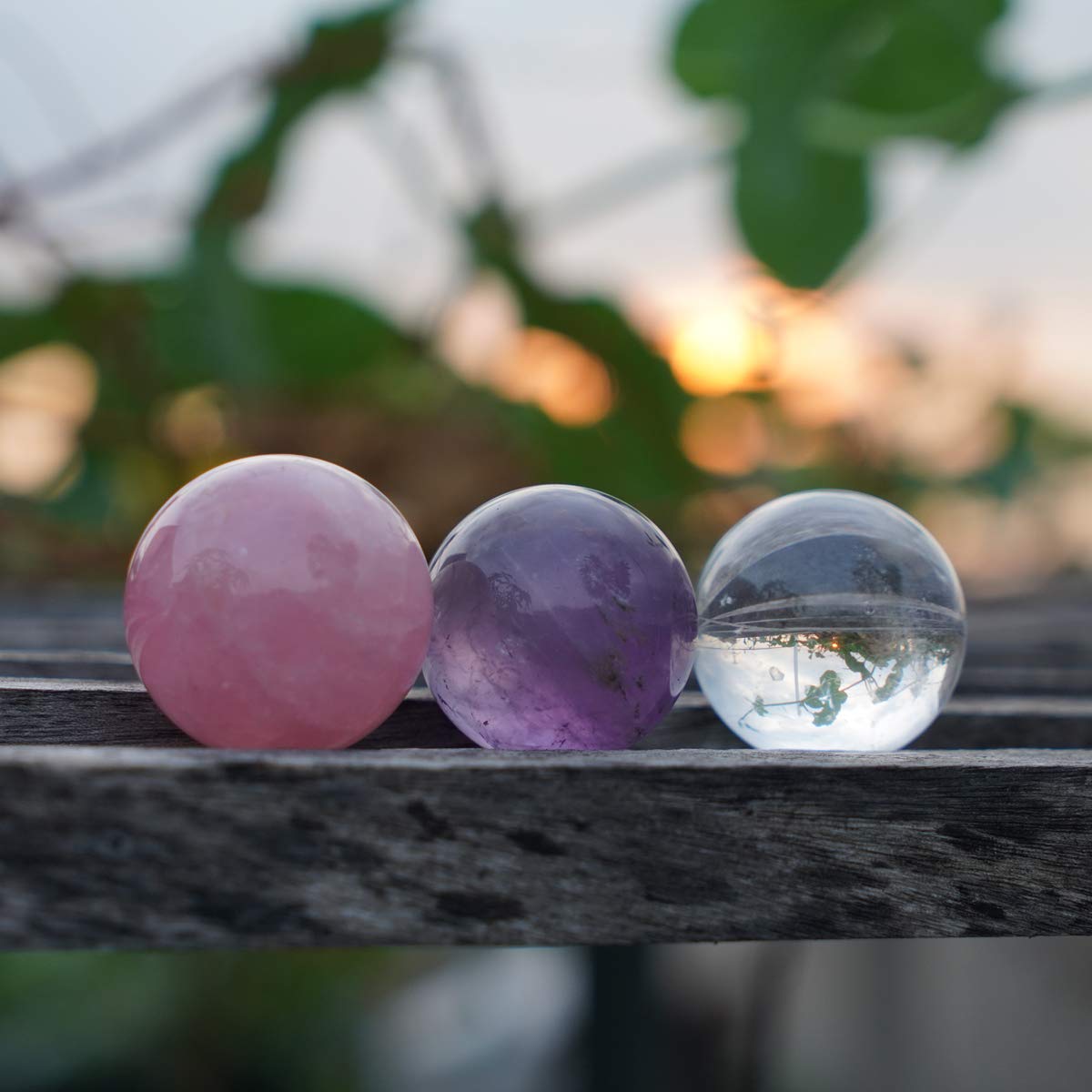 MIMOSA Crystal Spheres Set of 3,Amethyst/Rose Quartz/Clear Quartz