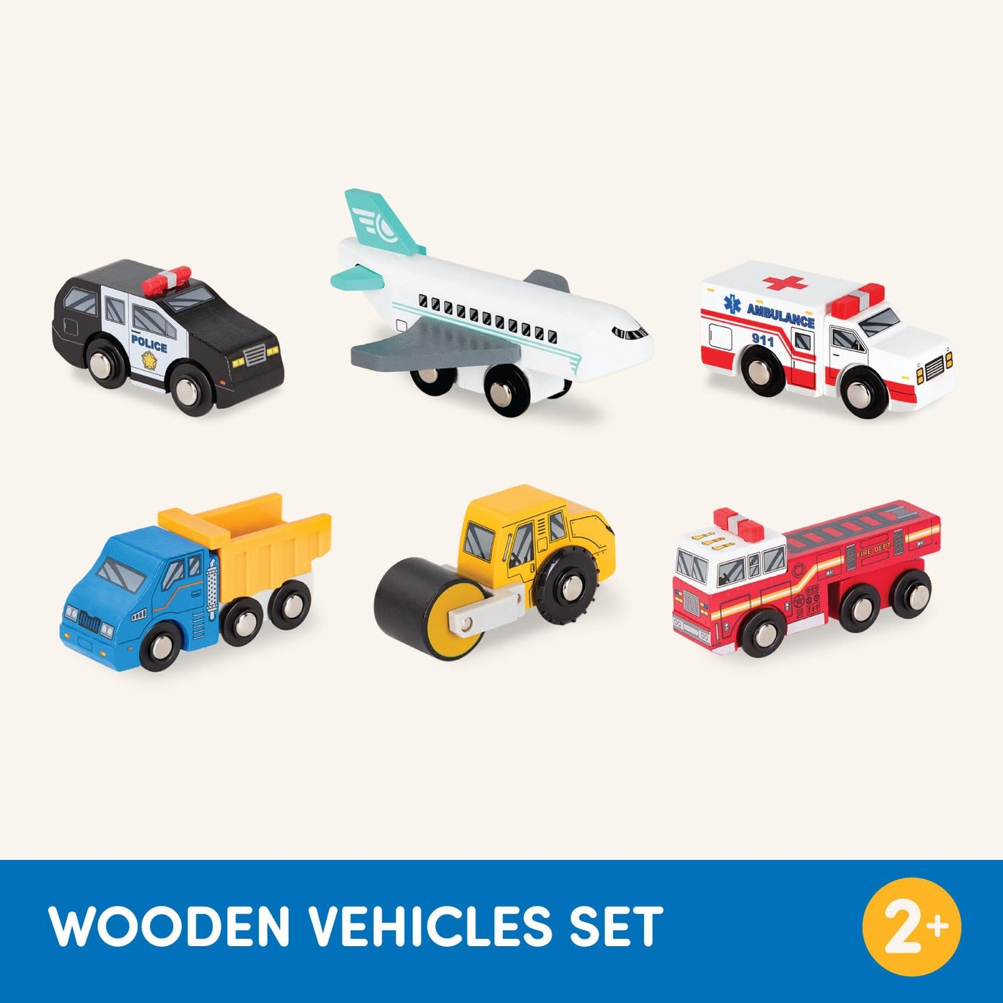 Battat – Wood Cars for Kids – 6pc Toy Vehicle Set – Mini Rescue & Construction Vehicles – Toddler Truck Toys – Wooden Play Cars – Wooden Vehicles Set 2 – 3 Years +