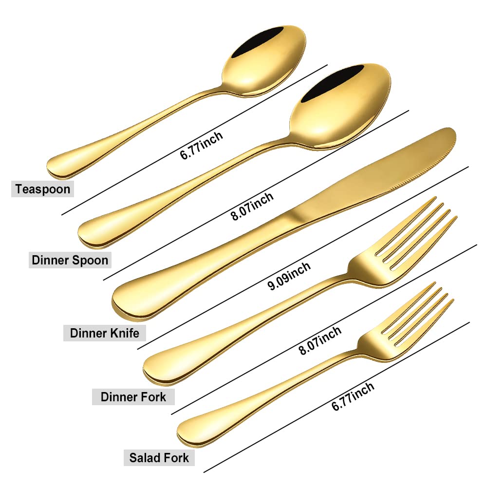 Gold Silverware Flatware Set for 8, 40 Piece Stainless Steel Cutlery Set With Titanium Golden Plated, Tableware Kitchen Utensil Include Spoons, Forks, Knives, Mirror Polished, Dishwasher Safe