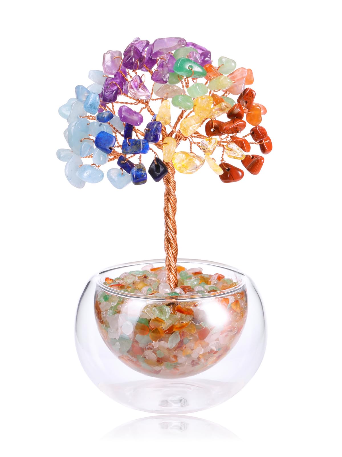 Jovivi 7 Chakra Crystal Trees Hollow Glass Base,4.72"-5.12" Natural Gemstone Healing Crystals Tree of Life Bonsai Money Tree for Home Office Table Decor Wealth and Luck