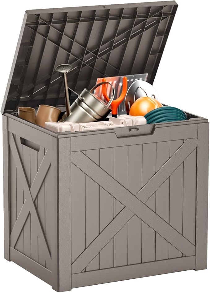 ROJIK 32 Gallon Outdoor Storage Housing Deck Box,Waterproof Patio Furniture, Garden Tools, Cushions, Pool Accessories Storage Bench with Lockable Lid and Side Handles(Grey)