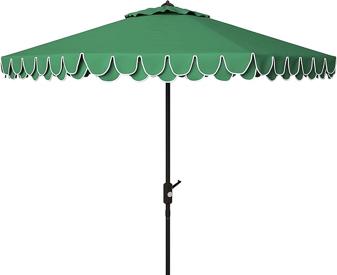 SAFAVIEH 9ft Outdoor Patio Umbrella, Round, Valance, Dark Green, Auto Crank Tilt, UV Resistant for Deck, Backyard, Poolside (PAT8006H)